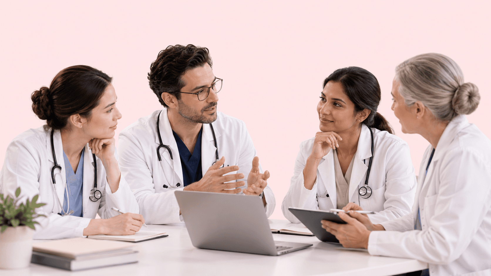 Healthcare professionals discussing information together