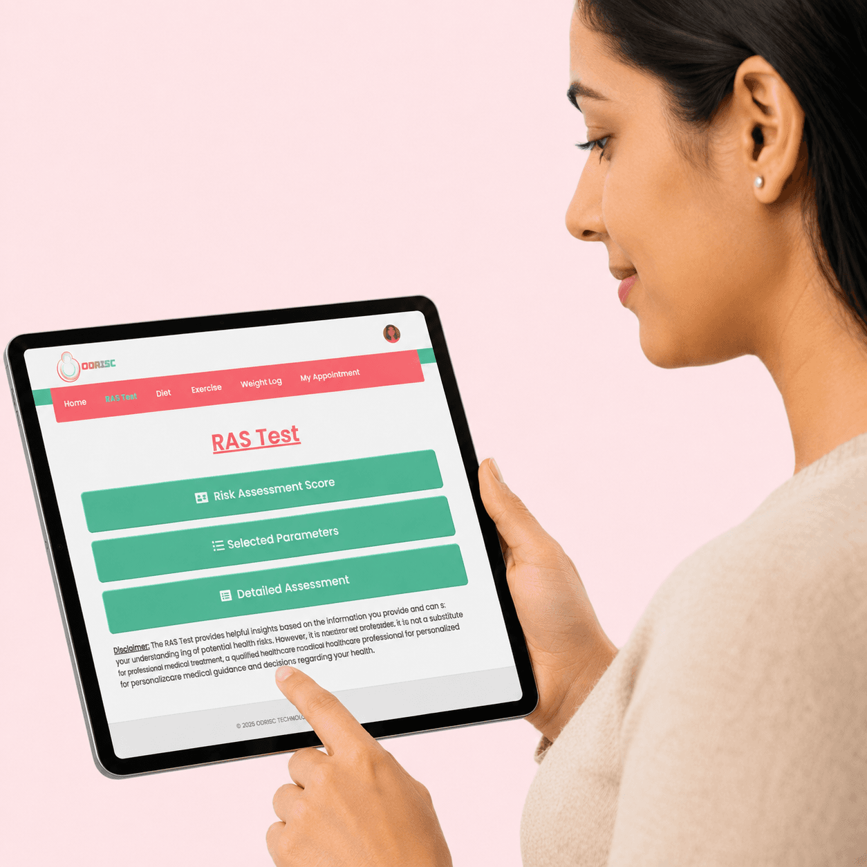 A woman viewing the ODRISC RAS Test interface on a tablet