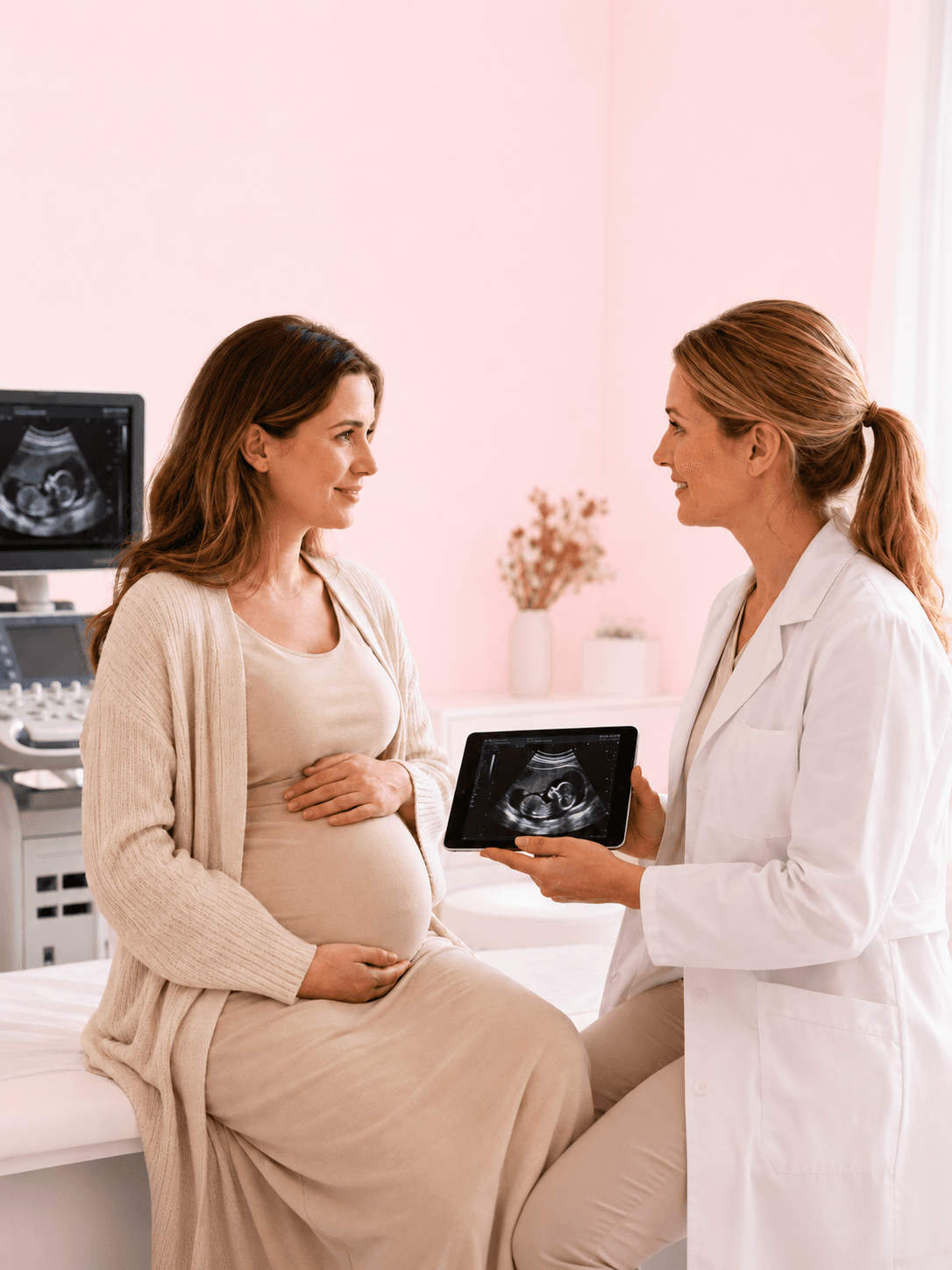 A pregnant woman having an ultrasound examination with a healthcare professional
