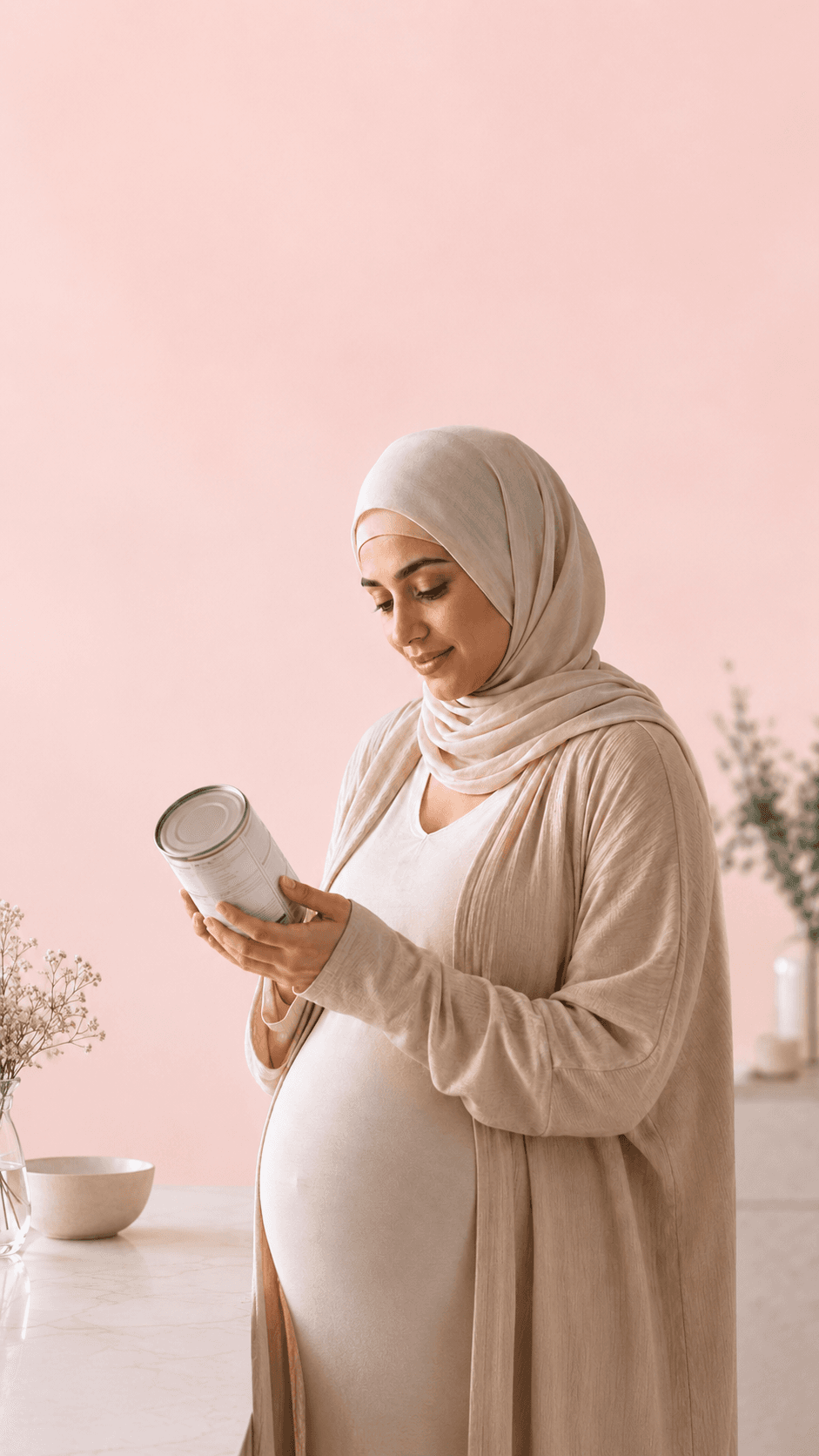 A pregnant woman reading the label on a food container