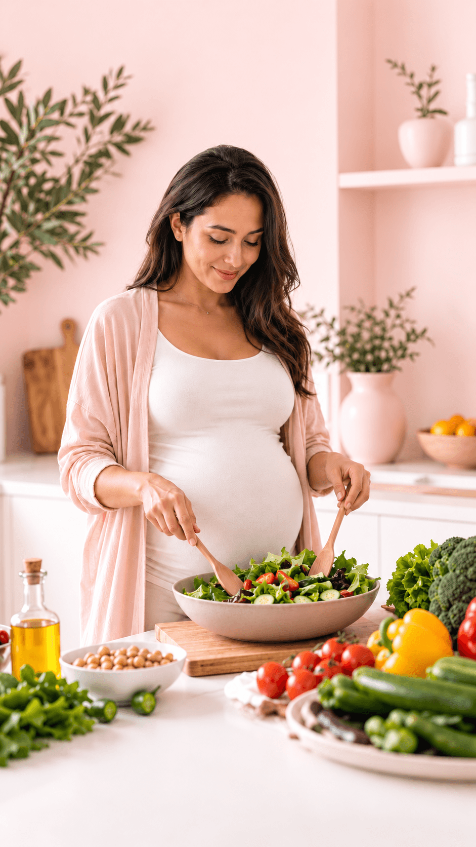 A pregnant woman preparing a fresh meal