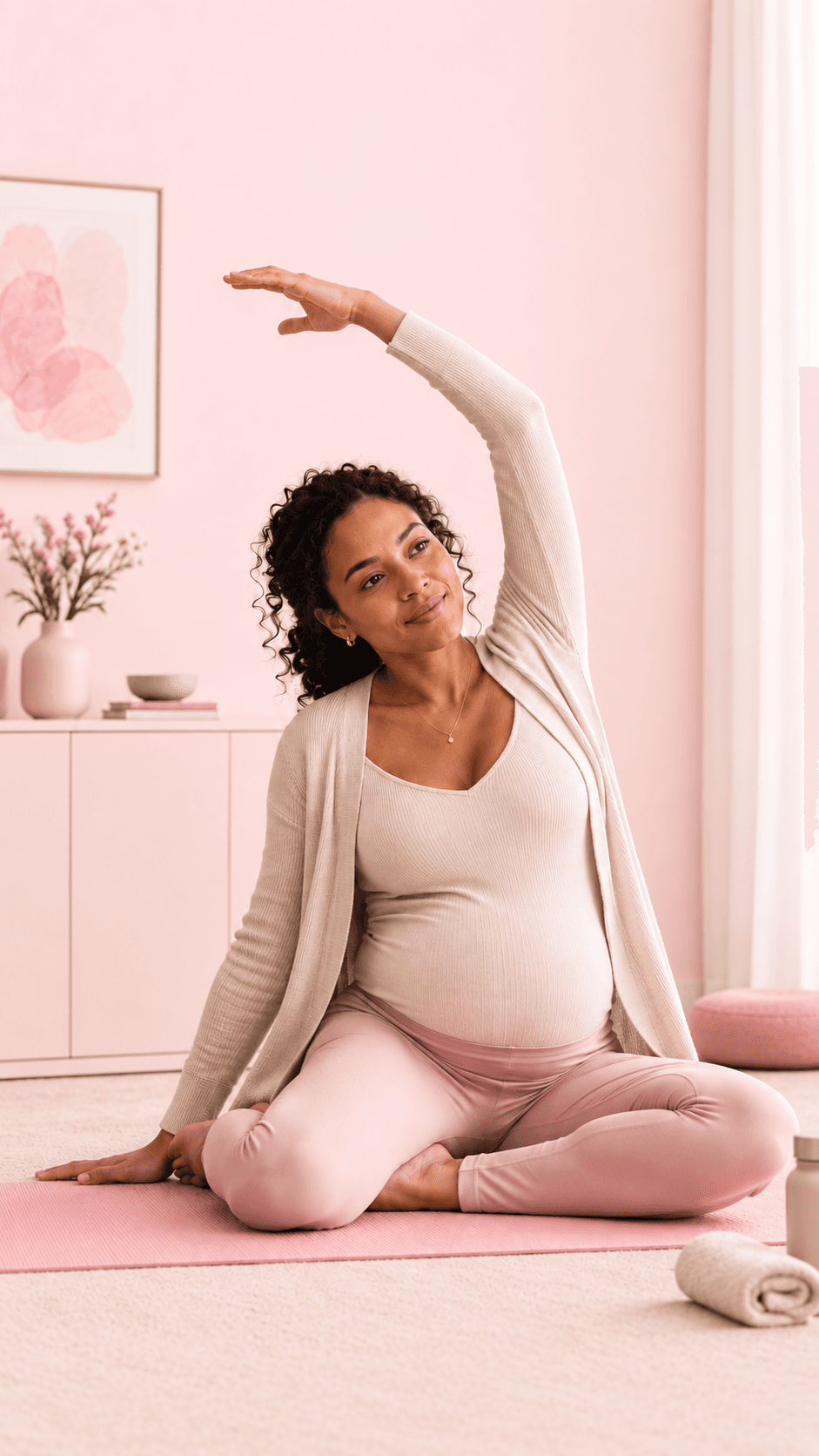 A pregnant woman stretching on an exercise mat