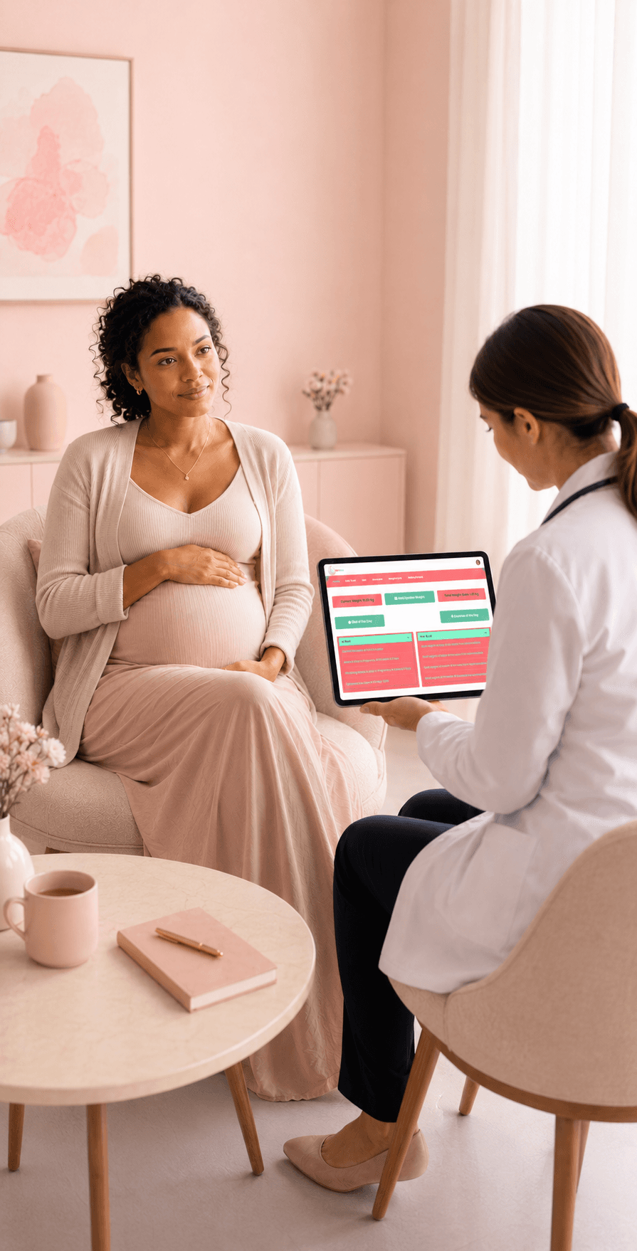 A pregnant woman speaking with a healthcare professional