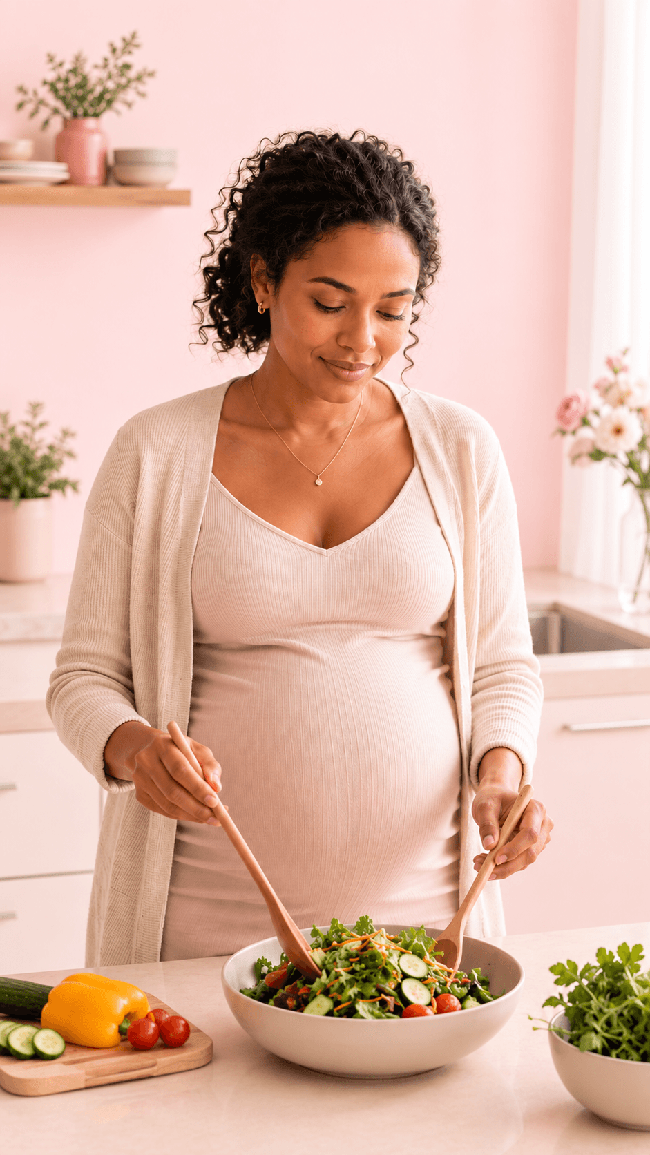 A pregnant woman enjoying a fresh fruit and salad meal